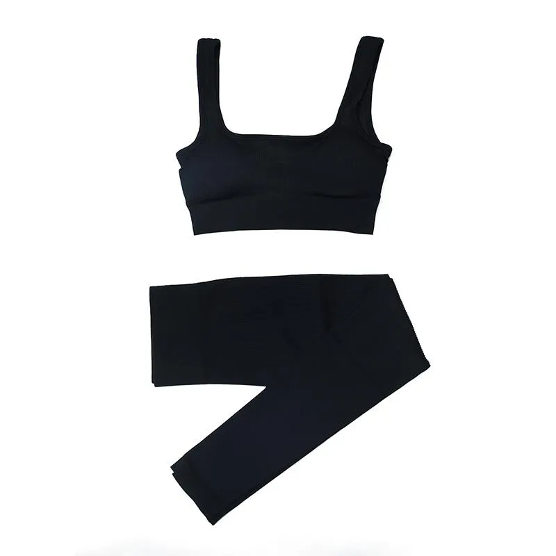 2PCS Threaded Sports Fitness Yoga Clothes Double Straps Beautiful Back Shockproof Bra Seamless Yoga Pants Set Gym Bodybuilding Bodysuits