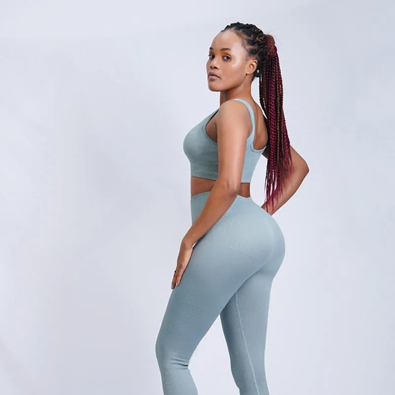 2PCS Threaded Sports Fitness Yoga Clothes Double Straps Beautiful Back Shockproof Bra Seamless Yoga Pants Set Gym Bodybuilding Bodysuits