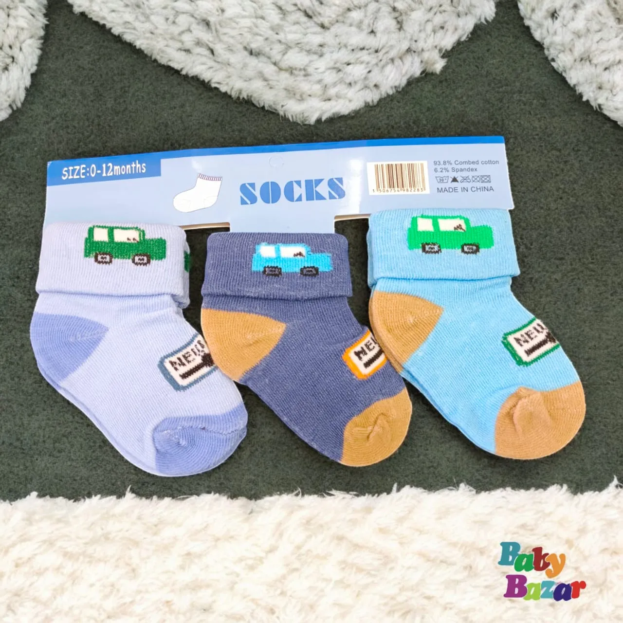 3-in-1 Cozy Cotton Baby Socks Car Design (0-12 Months) Imported