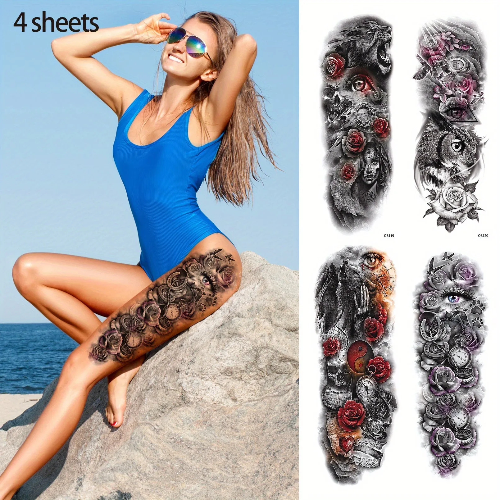 4 Sheets Full Arm Temporary Tattoo - Long Lasting Waterproof Realistic Body Art Temporary Tattoos