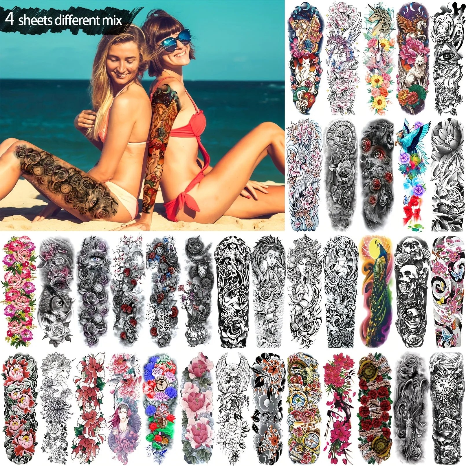 4 Sheets Full Arm Temporary Tattoo - Long Lasting Waterproof Realistic Body Art Temporary Tattoos