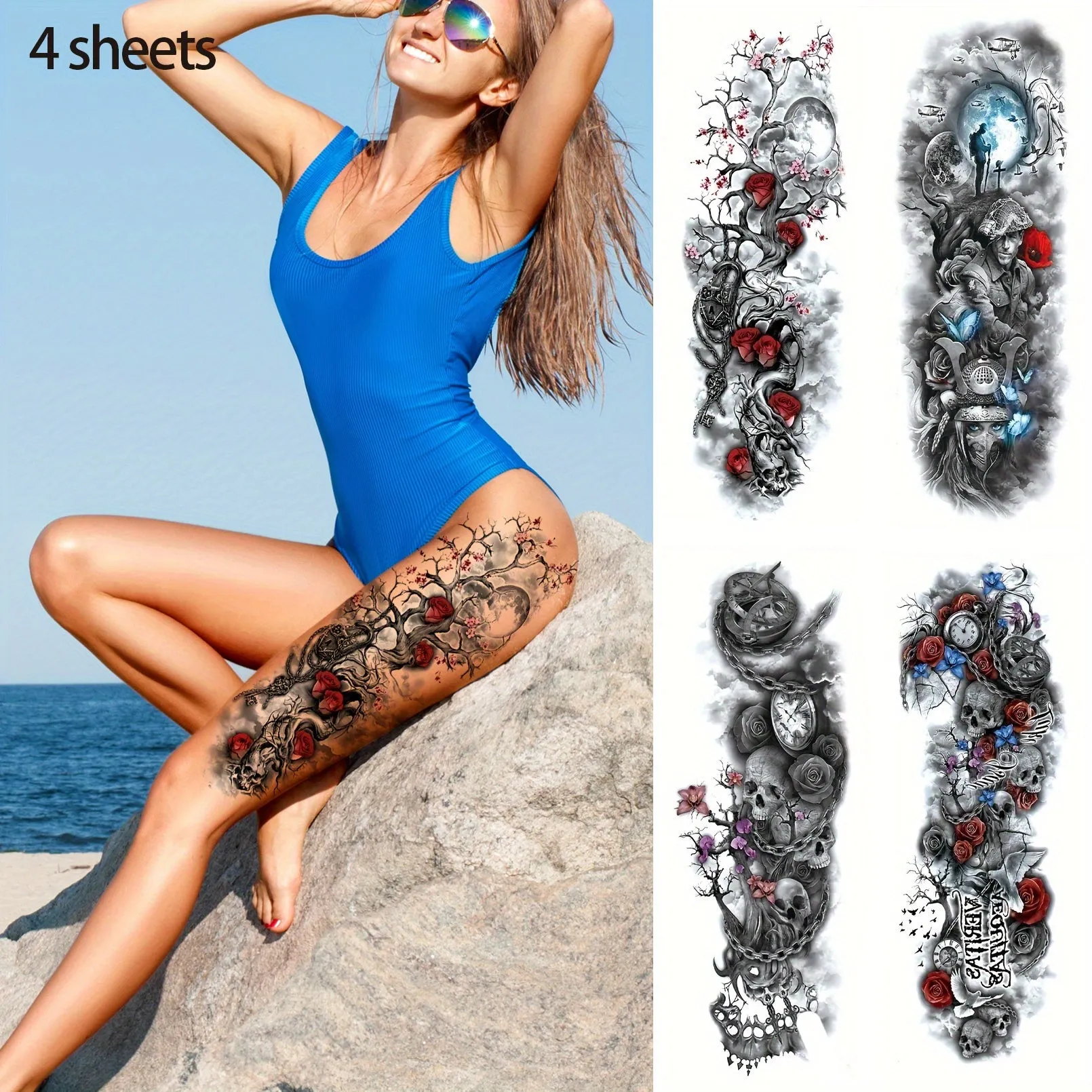 4 Sheets Full Arm Temporary Tattoo - Long Lasting Waterproof Realistic Body Art Temporary Tattoos