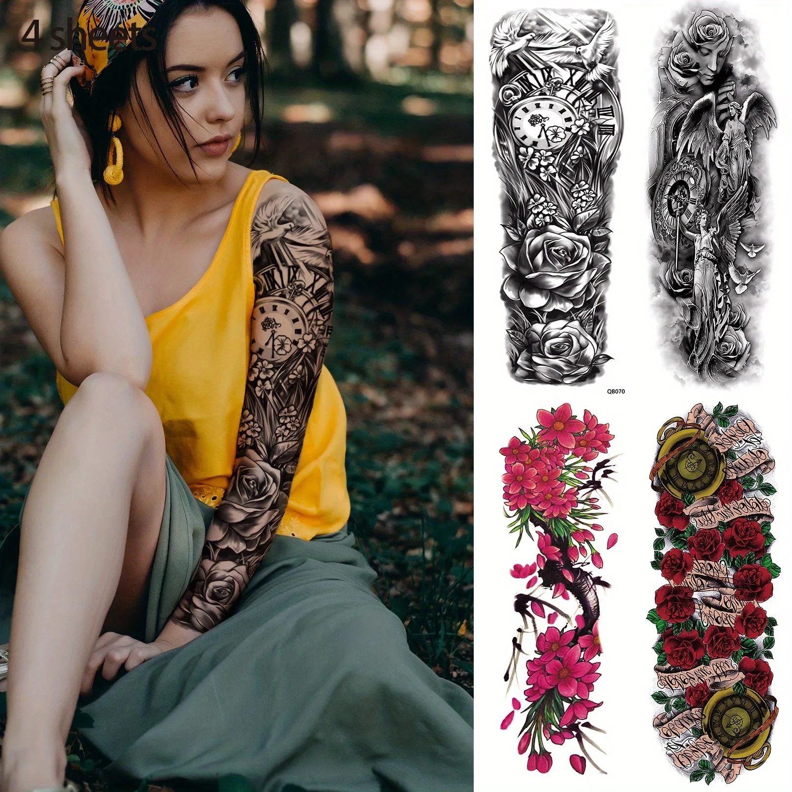 4 Sheets Full Arm Temporary Tattoo - Long Lasting Waterproof Realistic Body Art Temporary Tattoos