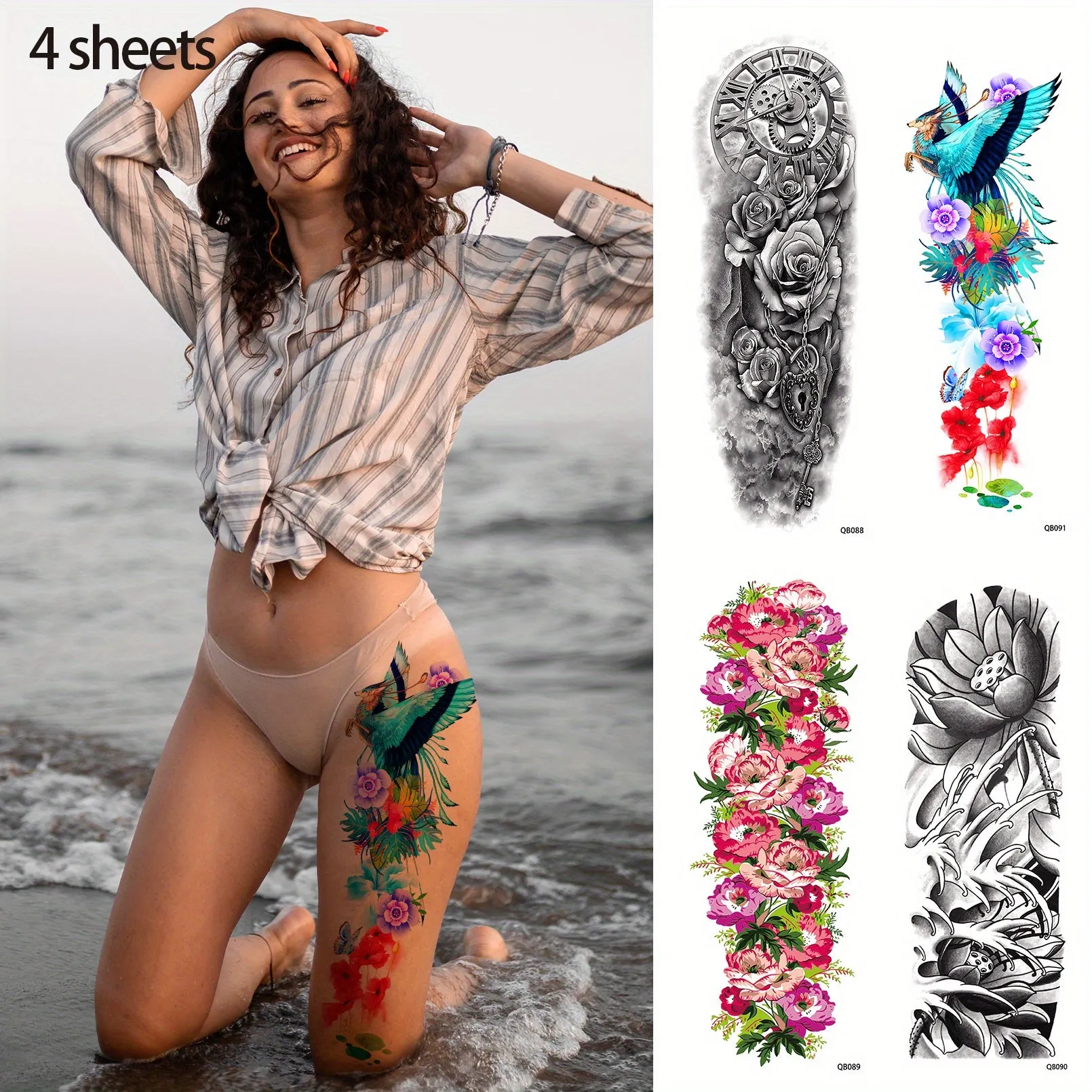 4 Sheets Full Arm Temporary Tattoo - Long Lasting Waterproof Realistic Body Art Temporary Tattoos
