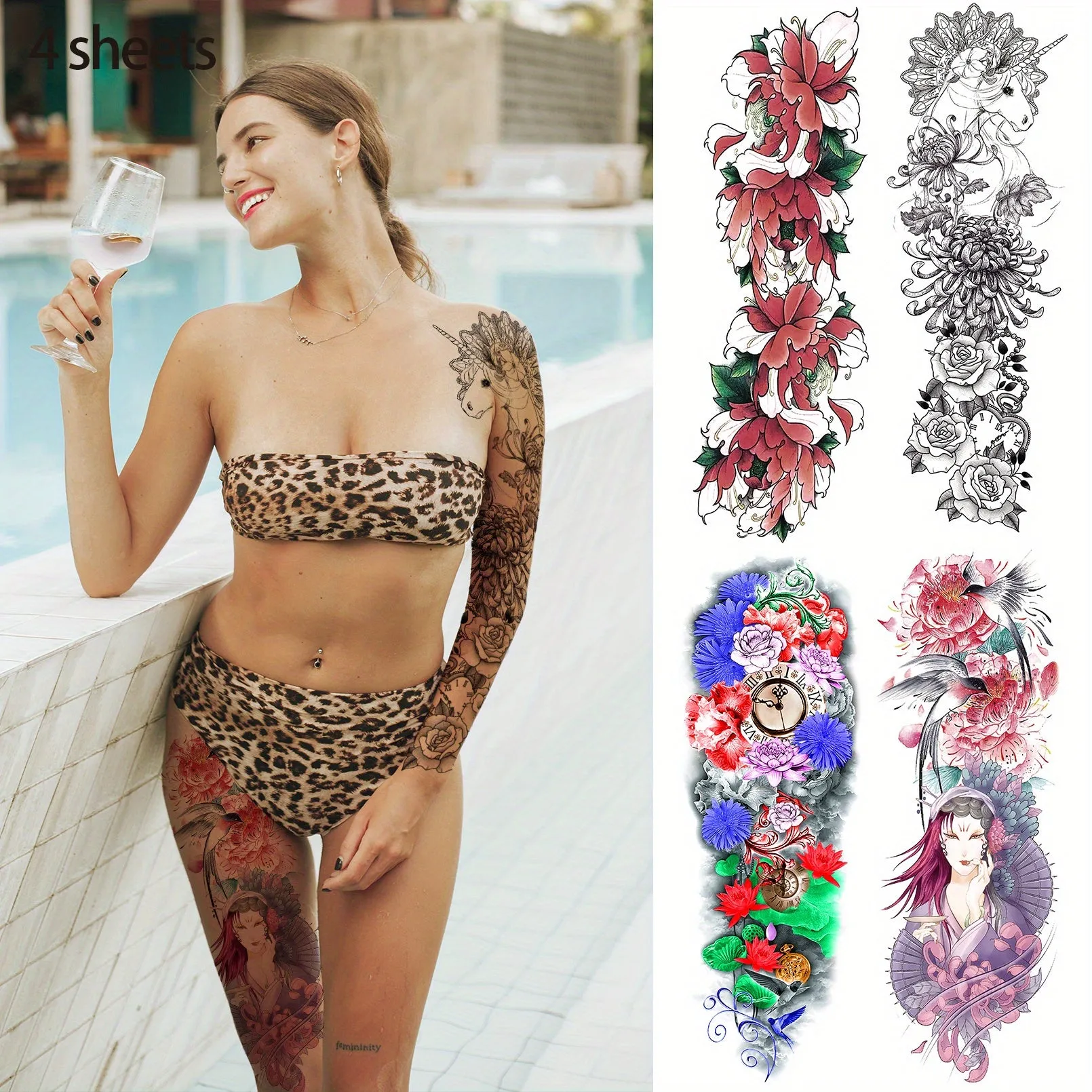4 Sheets Full Arm Temporary Tattoo - Long Lasting Waterproof Realistic Body Art Temporary Tattoos