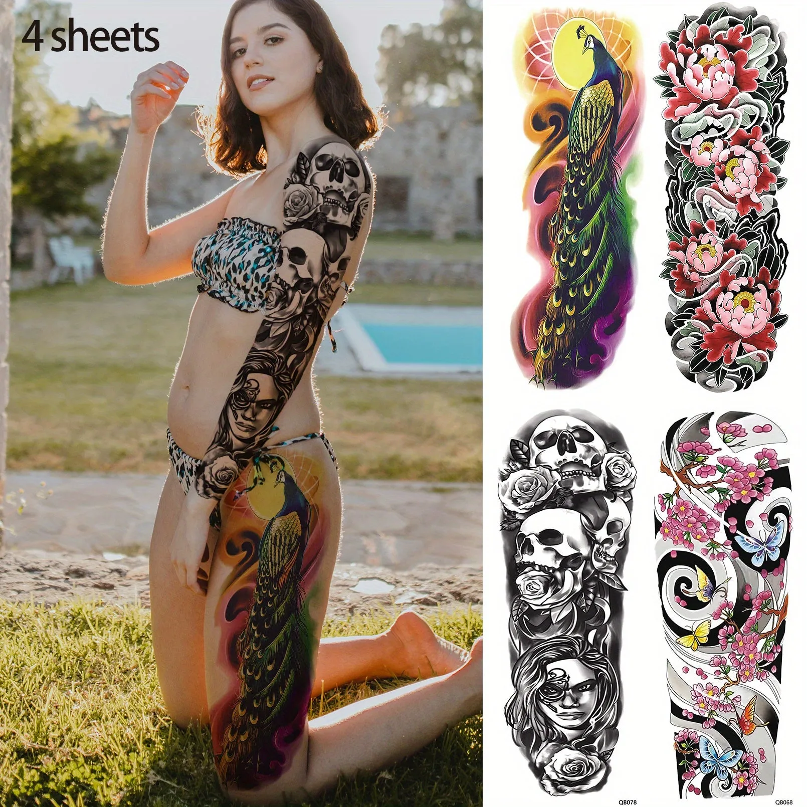 4 Sheets Full Arm Temporary Tattoo - Long Lasting Waterproof Realistic Body Art Temporary Tattoos