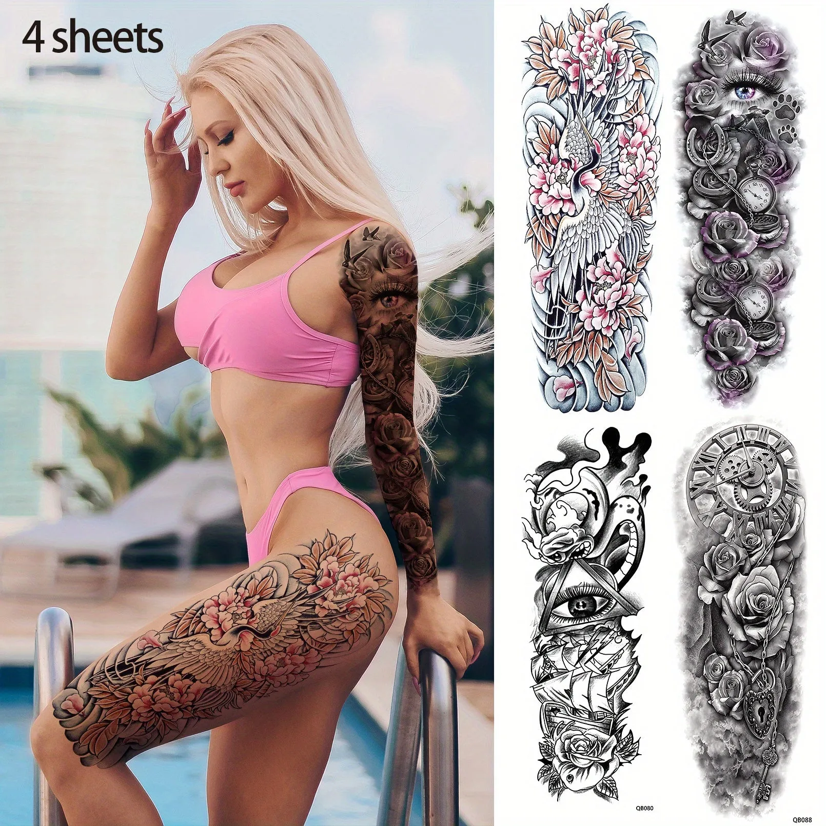 4 Sheets Full Arm Temporary Tattoo - Long Lasting Waterproof Realistic Body Art Temporary Tattoos