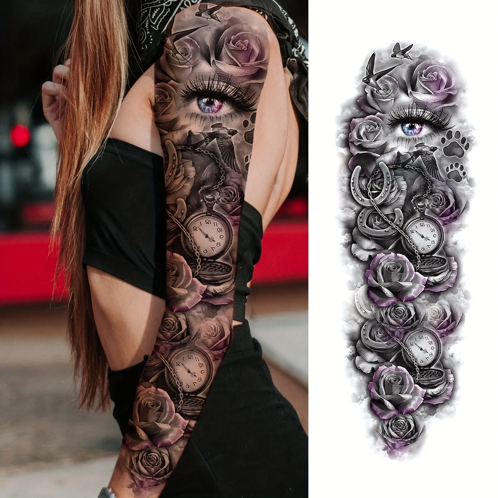 4 Sheets Full Arm Temporary Tattoo - Long Lasting Waterproof Realistic Body Art Temporary Tattoos