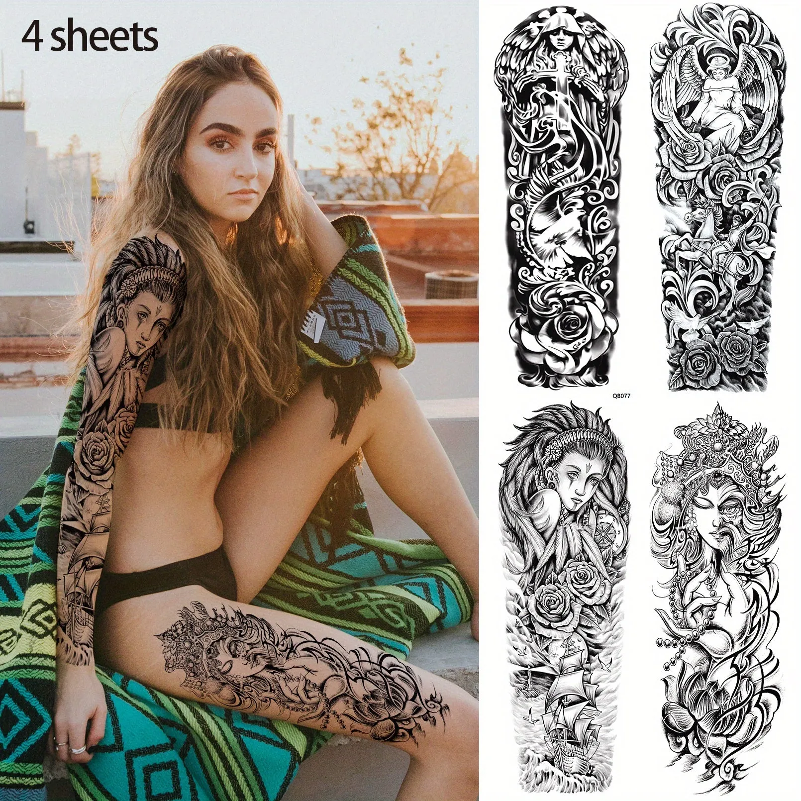 4 Sheets Full Arm Temporary Tattoo - Long Lasting Waterproof Realistic Body Art Temporary Tattoos