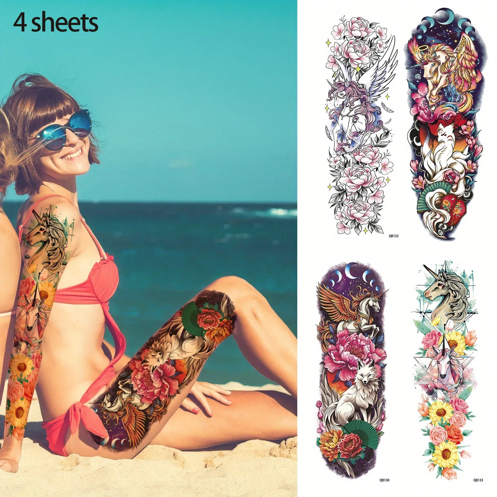 4 Sheets Full Arm Temporary Tattoo - Long Lasting Waterproof Realistic Body Art Temporary Tattoos
