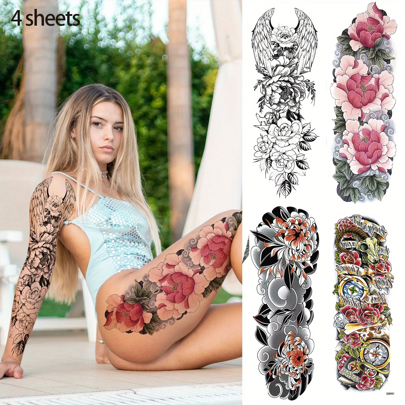 4 Sheets Full Arm Temporary Tattoo - Long Lasting Waterproof Realistic Body Art Temporary Tattoos
