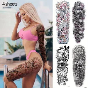 4 Sheets Full Arm Temporary Tattoo - Long Lasting Waterproof Realistic Body Art Temporary Tattoos