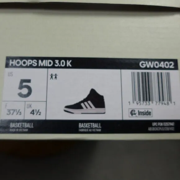 Adidas Hoops Mid 3.0 K Black and White Sneakers Kids Size 5Y GW0402 Shoes