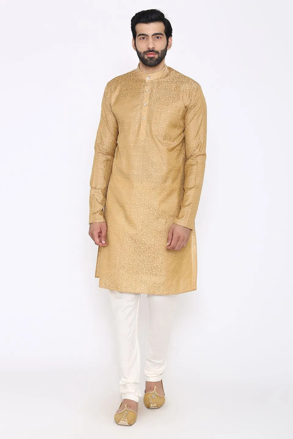 Banarasi Art Silk Cotton Blend Beige Long Kurta Pajama