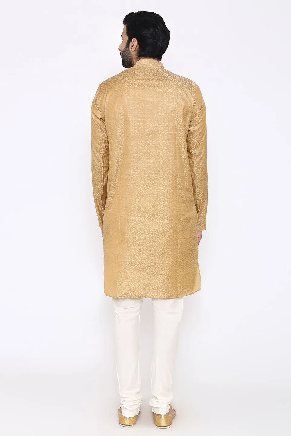 Banarasi Art Silk Cotton Blend Beige Long Kurta Pajama