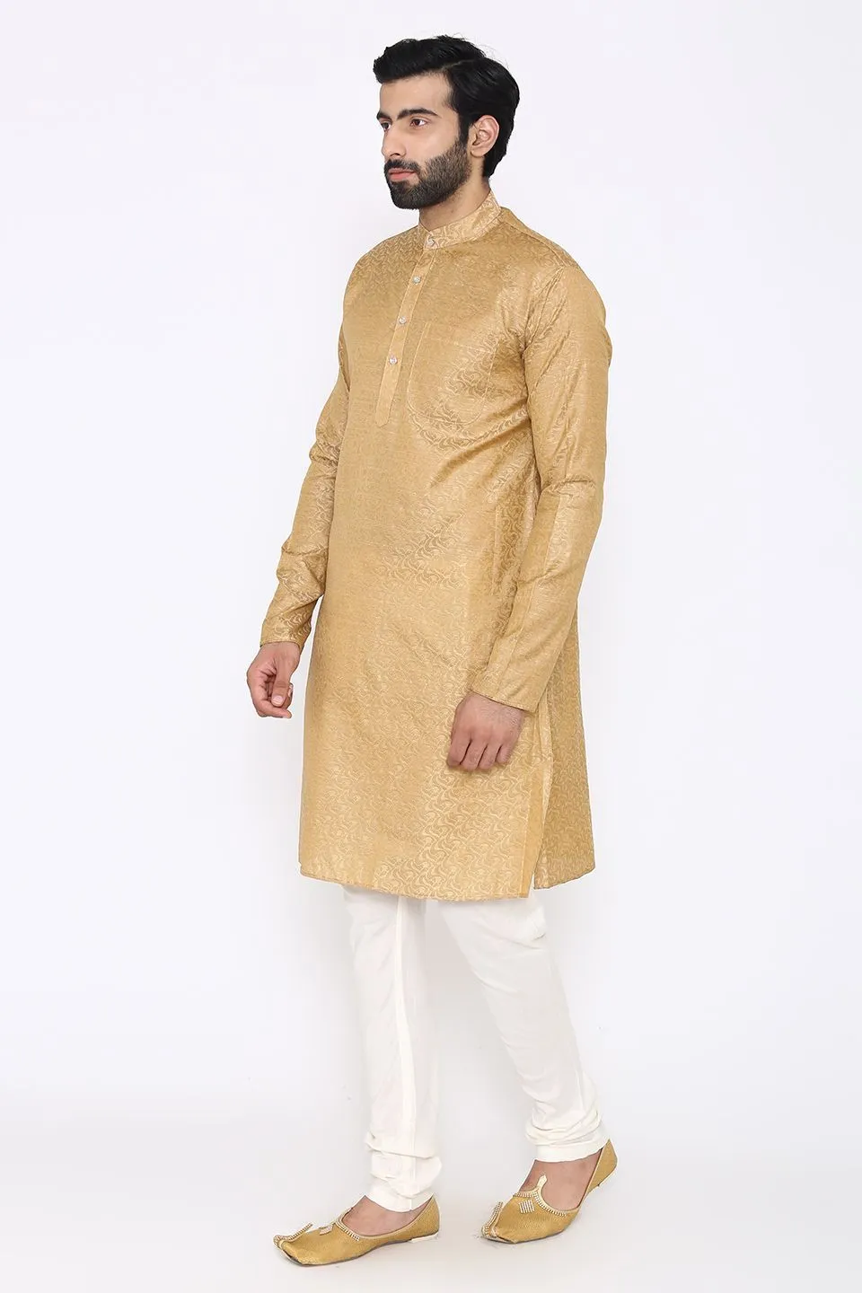 Banarasi Art Silk Cotton Blend Beige Long Kurta Pajama