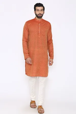 Banarasi Art Silk Cotton Blend Orange Long Kurta Pajama