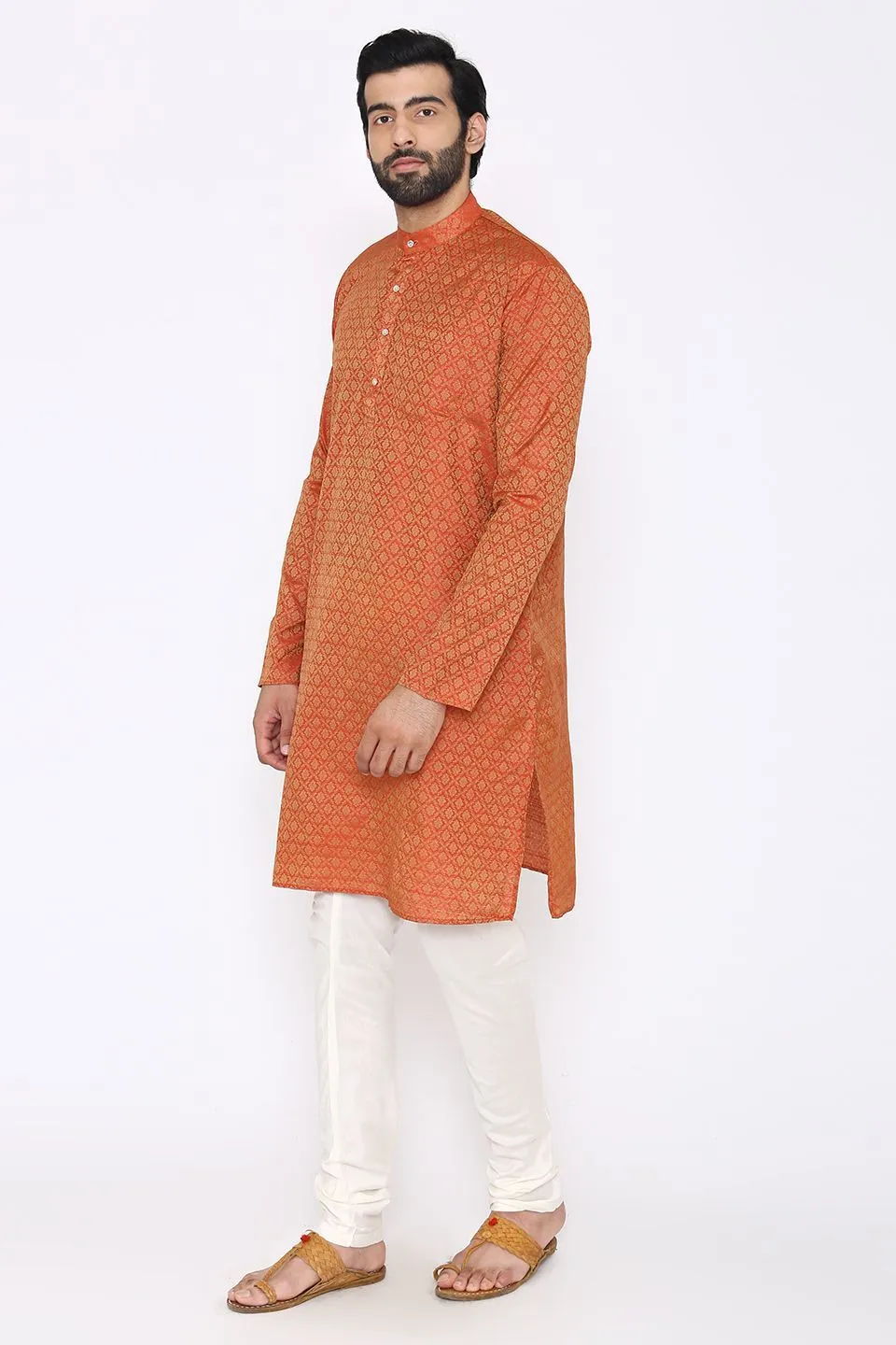 Banarasi Art Silk Cotton Blend Orange Long Kurta Pajama