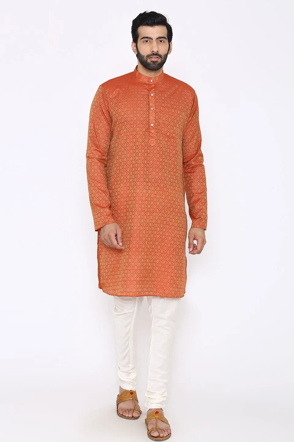 Banarasi Art Silk Cotton Blend Orange Long Kurta Pajama