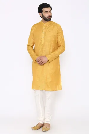 Banarasi Art Silk Cotton Blend Yellow Long Kurta Pajama