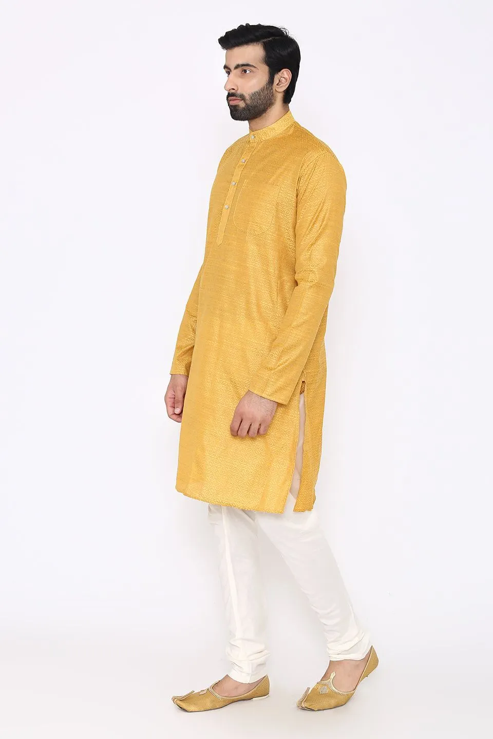 Banarasi Art Silk Cotton Blend Yellow Long Kurta Pajama