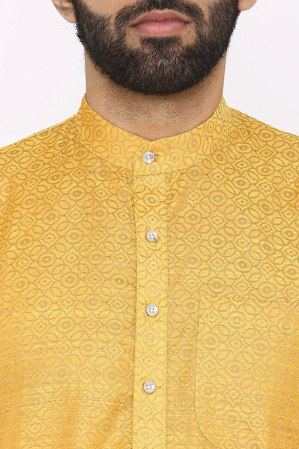Banarasi Art Silk Cotton Blend Yellow Long Kurta Pajama