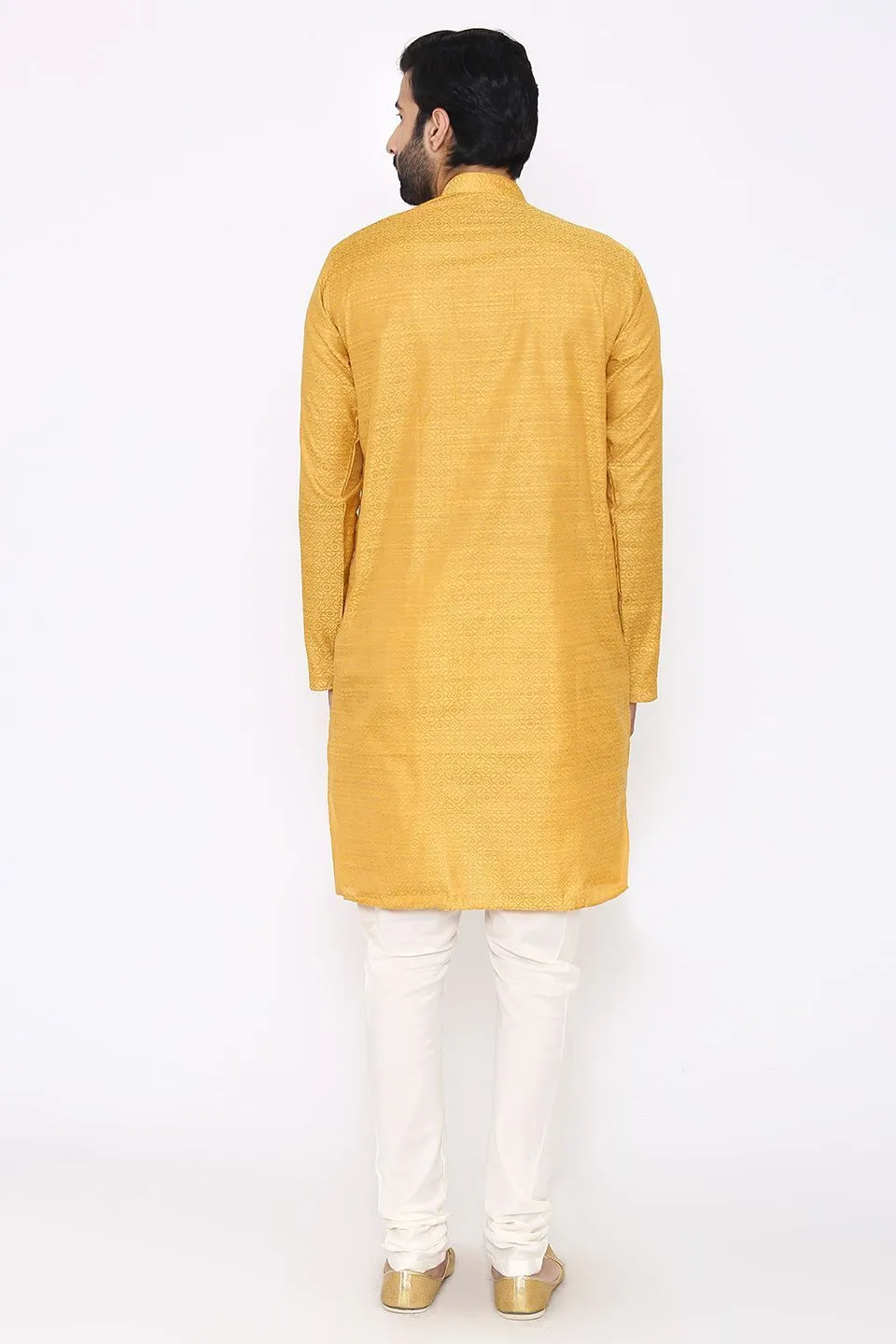 Banarasi Art Silk Cotton Blend Yellow Long Kurta Pajama