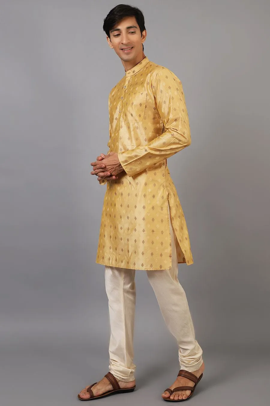 Banarasi Art Silk Cotton Golden Kurta Pajama