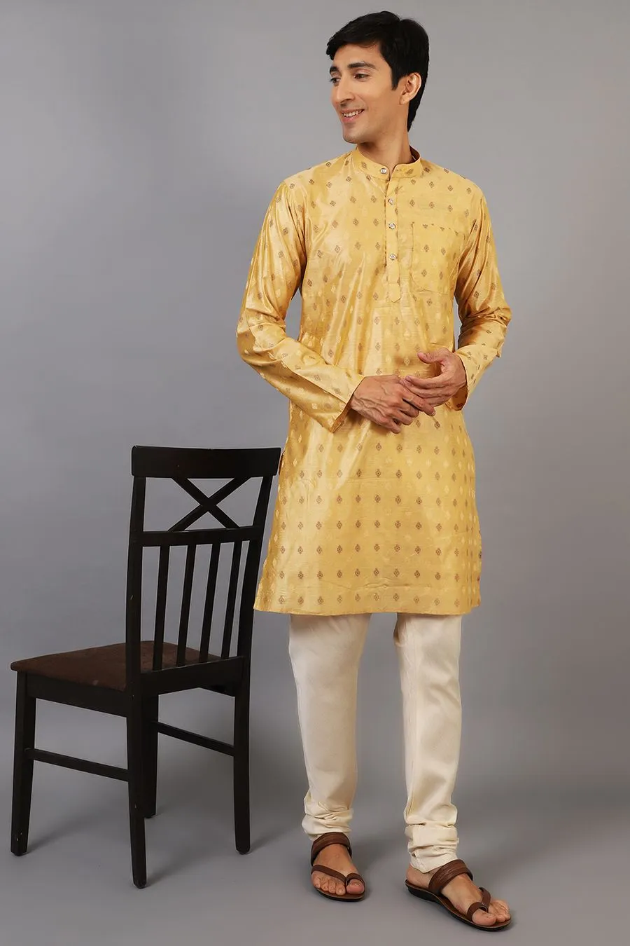 Banarasi Art Silk Cotton Golden Kurta Pajama