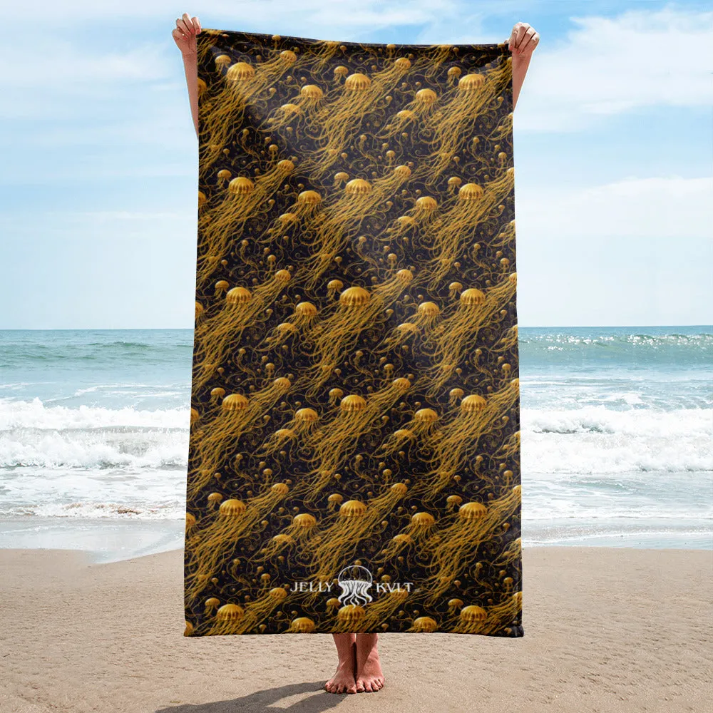 Beach Towel - Black and Gold Jellyfishes