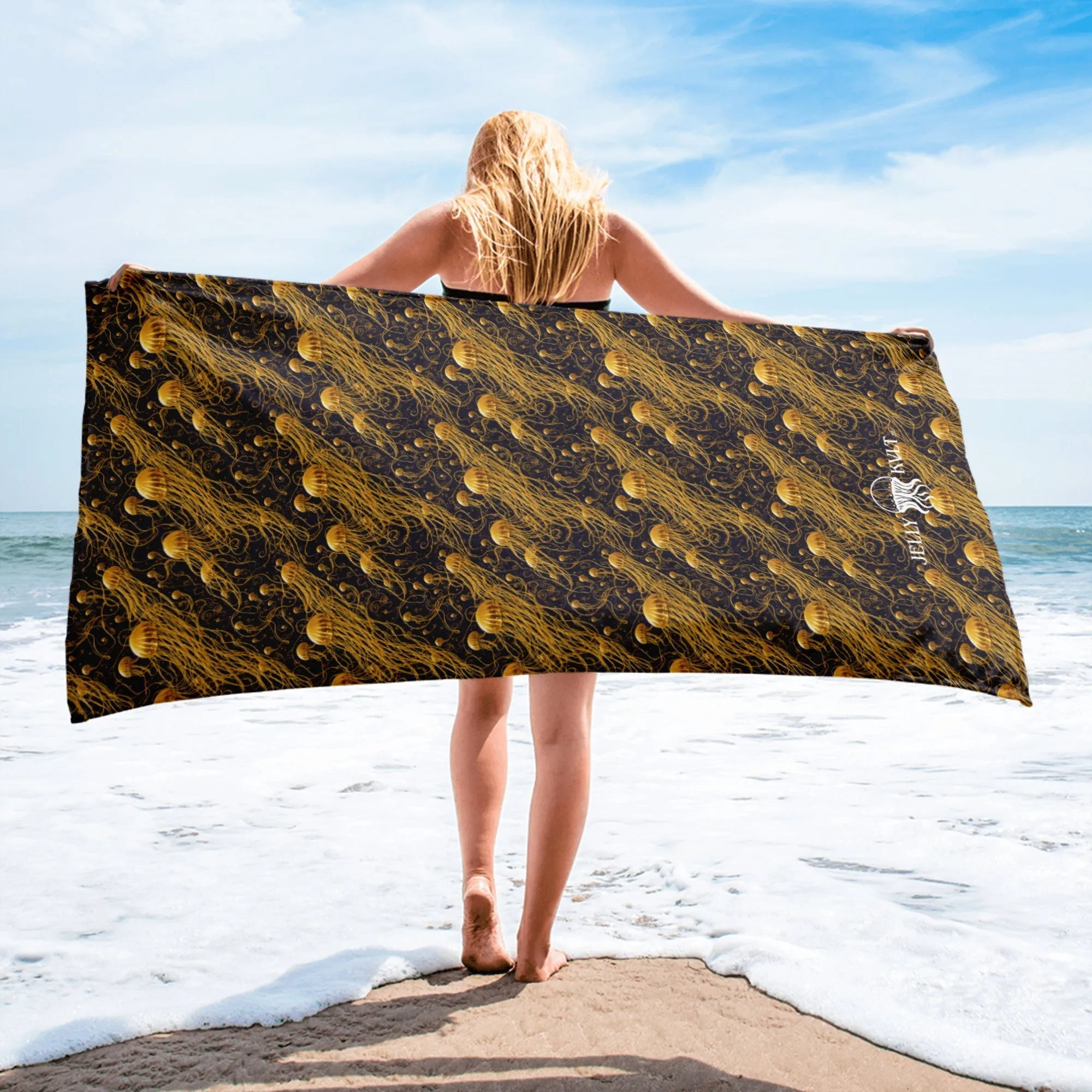 Beach Towel - Black and Gold Jellyfishes
