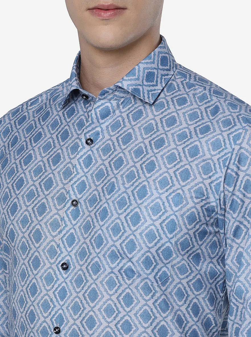 Blue & White Printed Slim Fit Party Wear Shirt | Greenfibre