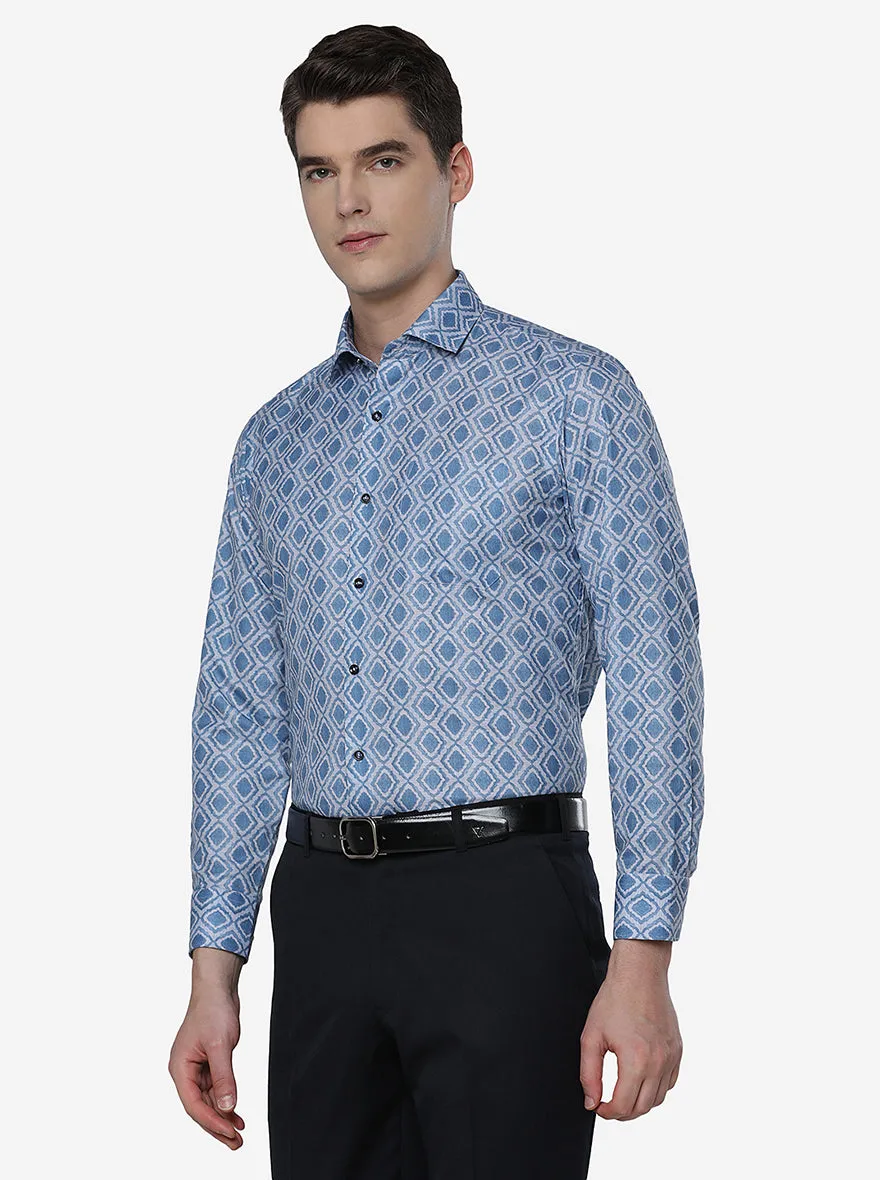 Blue & White Printed Slim Fit Party Wear Shirt | Greenfibre