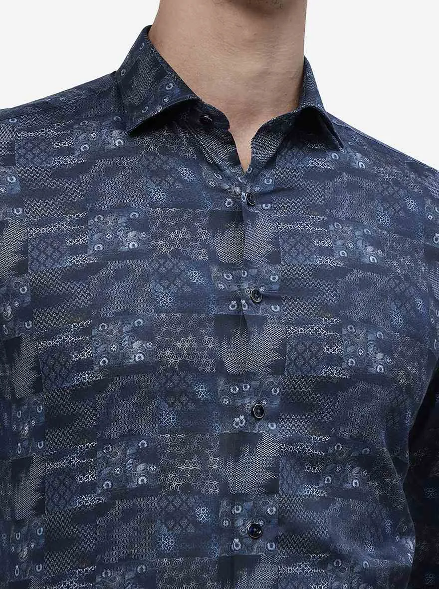 Blue Printed Slim Fit Party Wear Shirt | JB Studio