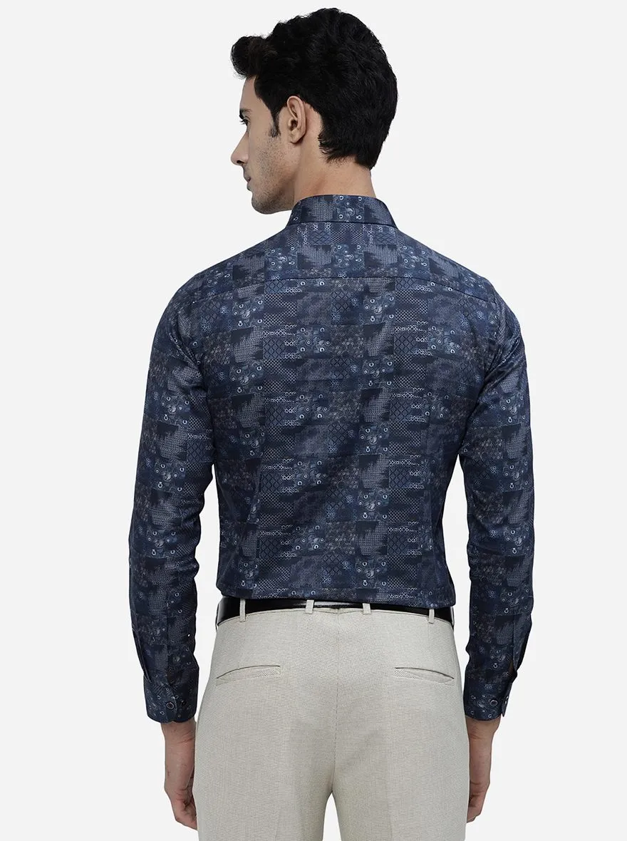Blue Printed Slim Fit Party Wear Shirt | JB Studio