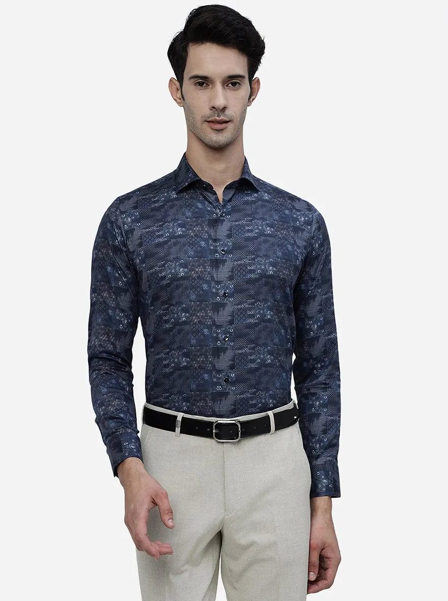 Blue Printed Slim Fit Party Wear Shirt | JB Studio