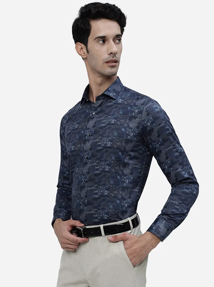 Blue Printed Slim Fit Party Wear Shirt | JB Studio