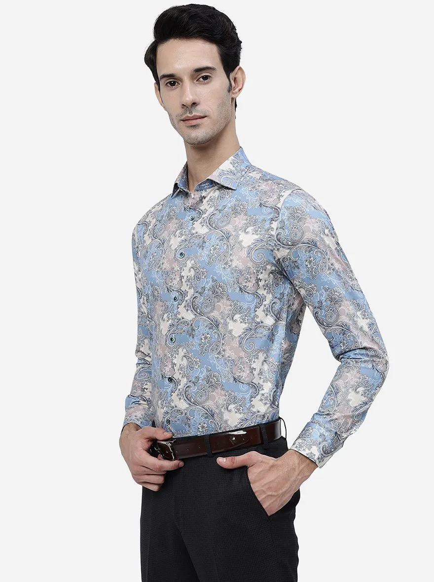 Blue Printed Slim Fit Party Wear Shirt | Wyre