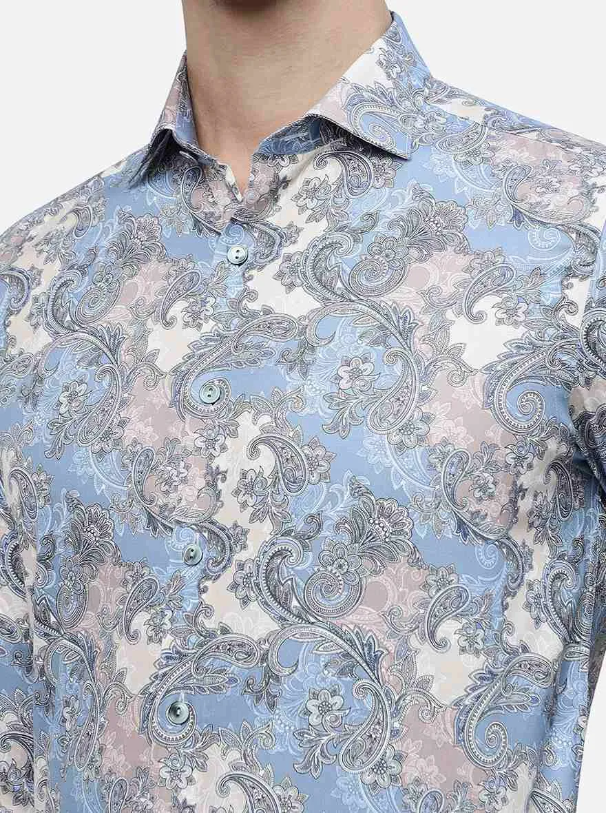 Blue Printed Slim Fit Party Wear Shirt | Wyre