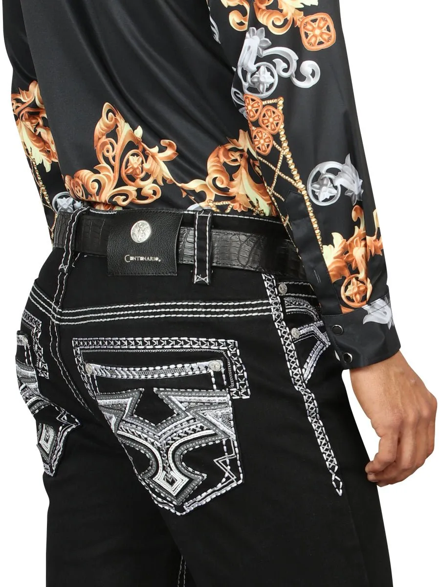 Centenario Men's Black Denim with White/Gray Embroidered Details 45310