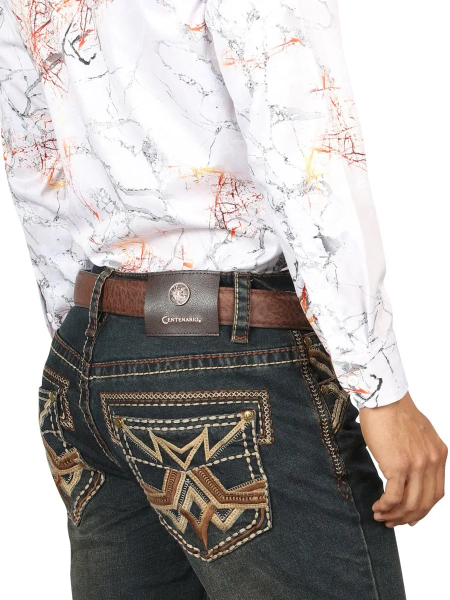 Centenario Men's Tinted Brown Denim with Embroidered Details 45316
