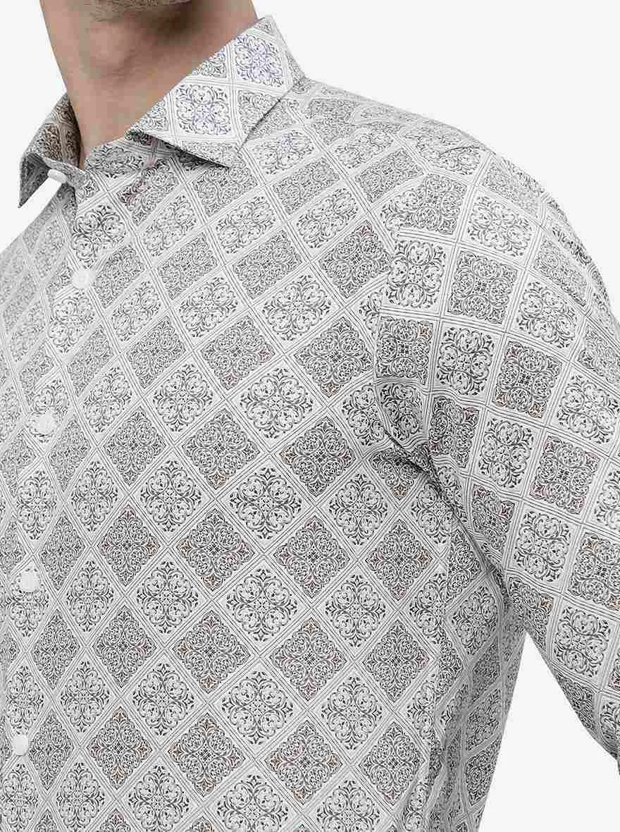 Cream Printed Slim Fit Party Wear Shirt | JB Studio