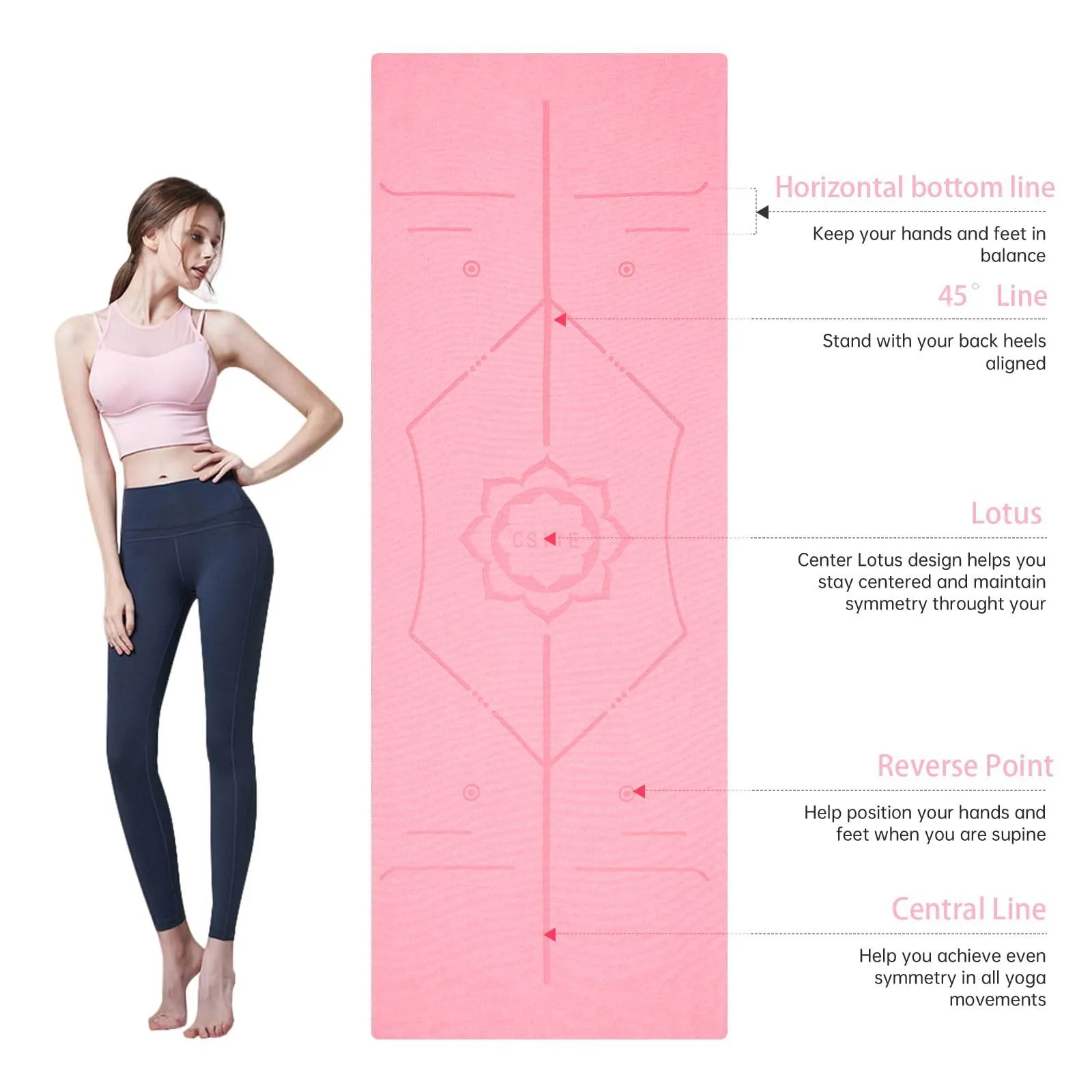 CSITE Yoga Mat Towel with Silicone Grip Dots & Rectangular Wrap Design, Non Slip Hot Yoga Mat Towel with Alignment Line   1pc Hand Towel, 72” x 24”, Pink