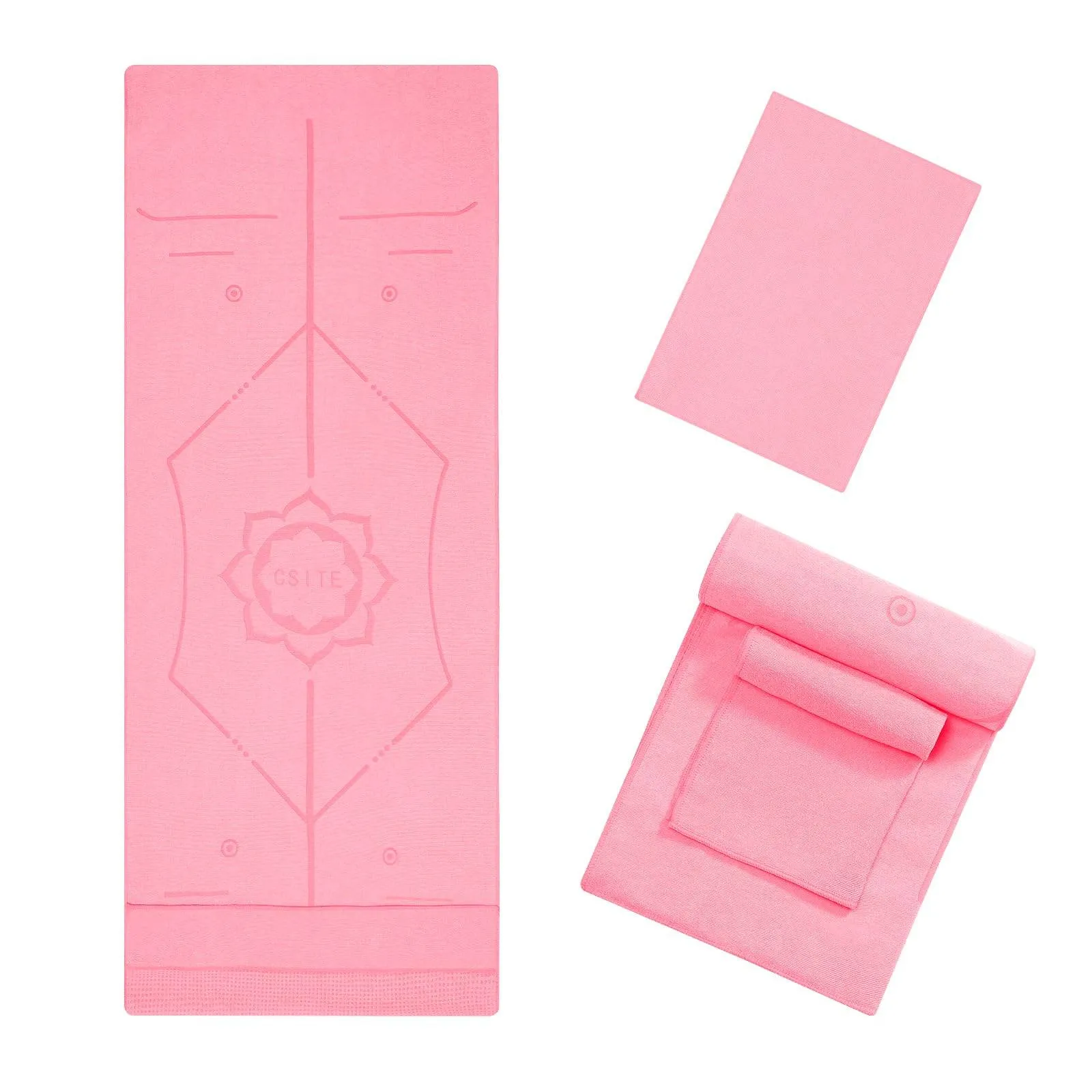 CSITE Yoga Mat Towel with Silicone Grip Dots & Rectangular Wrap Design, Non Slip Hot Yoga Mat Towel with Alignment Line   1pc Hand Towel, 72” x 24”, Pink