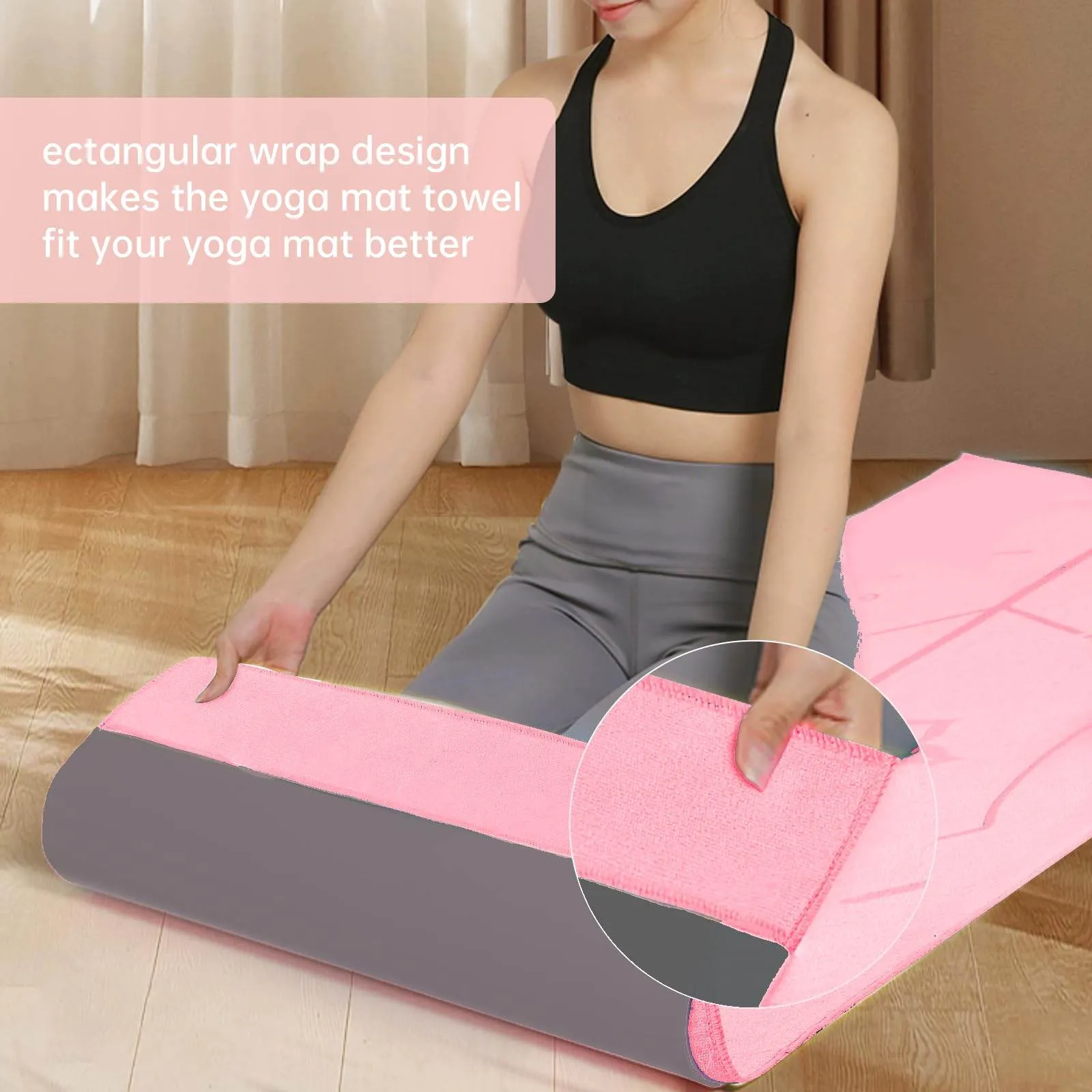 CSITE Yoga Mat Towel with Silicone Grip Dots & Rectangular Wrap Design, Non Slip Hot Yoga Mat Towel with Alignment Line   1pc Hand Towel, 72” x 24”, Pink