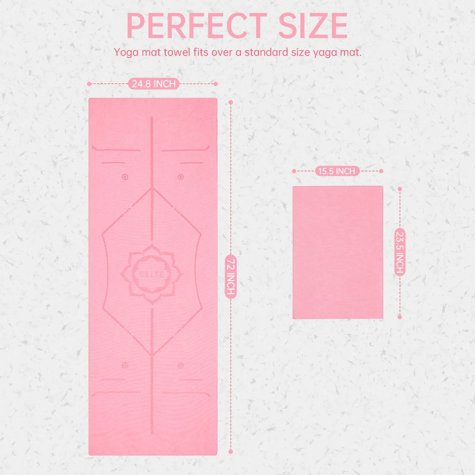 CSITE Yoga Mat Towel with Silicone Grip Dots & Rectangular Wrap Design, Non Slip Hot Yoga Mat Towel with Alignment Line   1pc Hand Towel, 72” x 24”, Pink