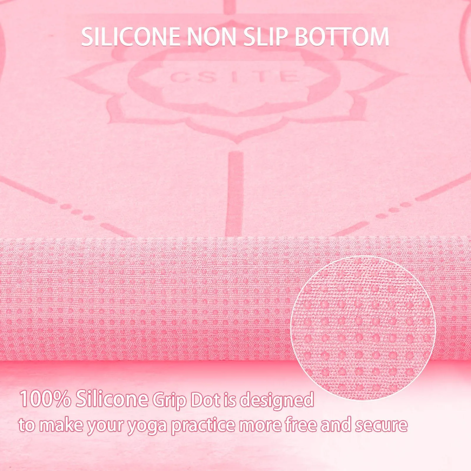 CSITE Yoga Mat Towel with Silicone Grip Dots & Rectangular Wrap Design, Non Slip Hot Yoga Mat Towel with Alignment Line   1pc Hand Towel, 72” x 24”, Pink
