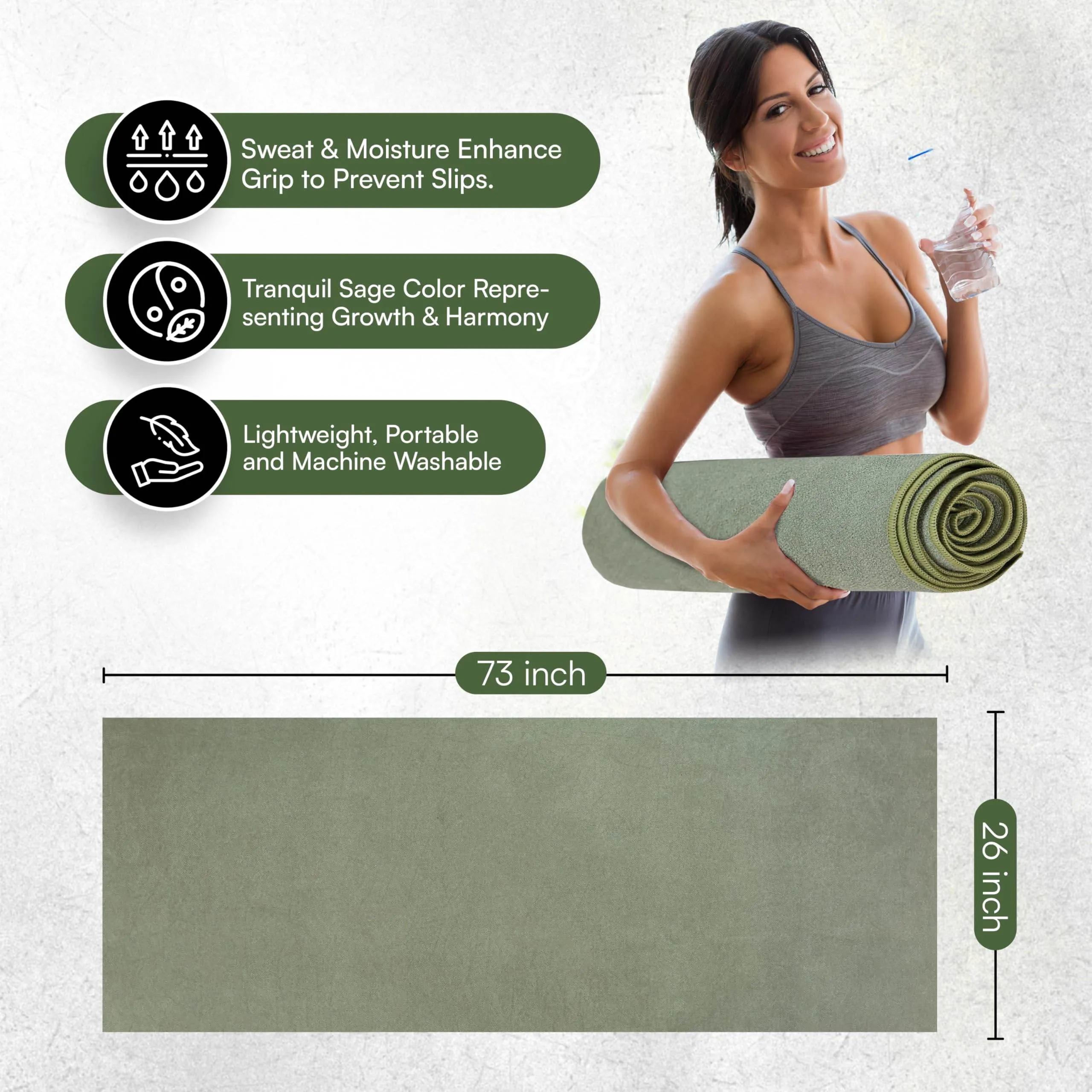 Evolution Earth Yoga Mat Towel - Double Sided Microfiber Yoga Towel - Sweat Absorbent Non Slip Hot Yoga Towel - Lightweight, Quick Drying Pilates and Bikram Sweat Towel - 73''L x 26''W, Sage