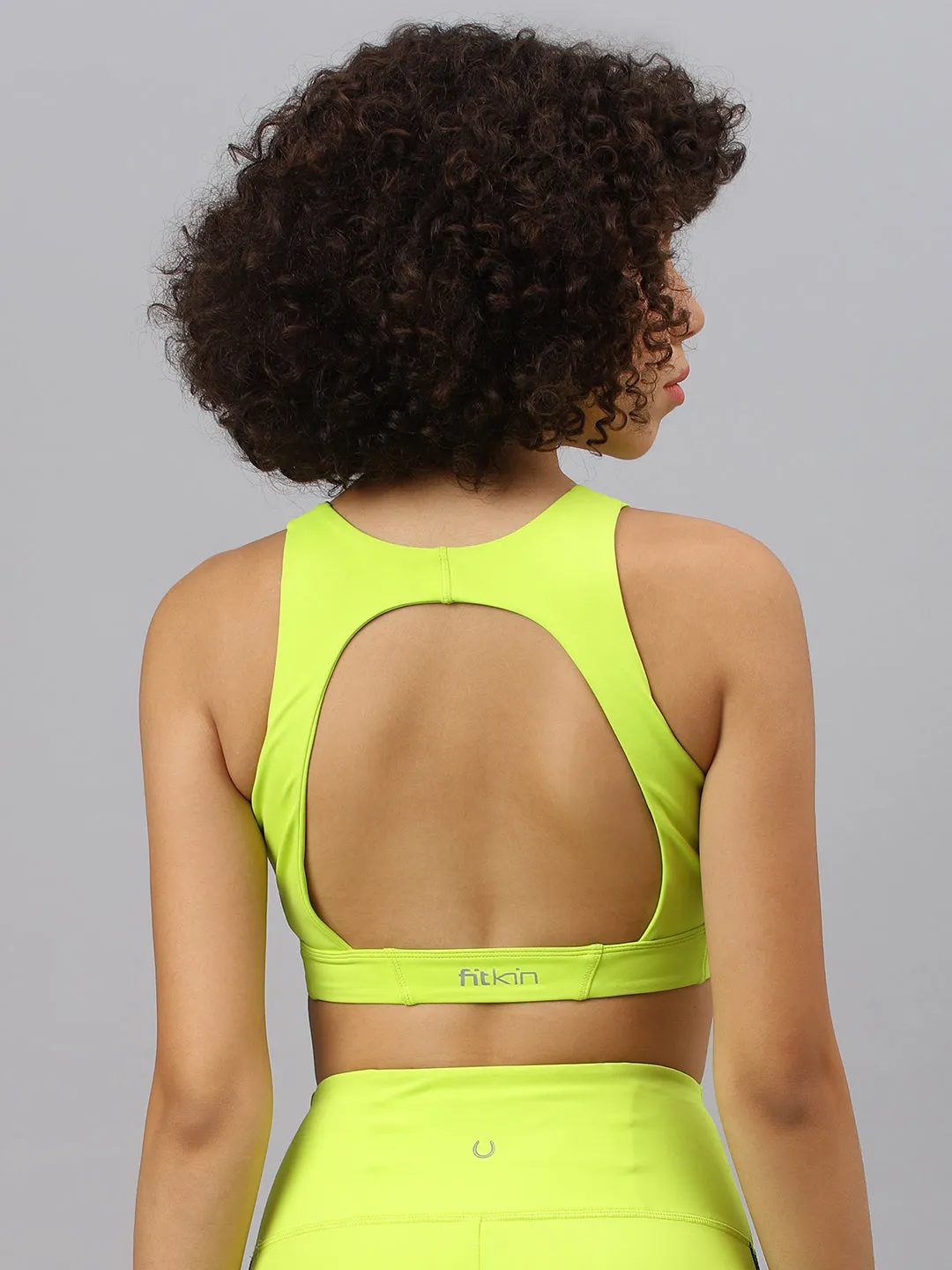 Fitkin Women's Neon Green  Front Zipper Sports Bra