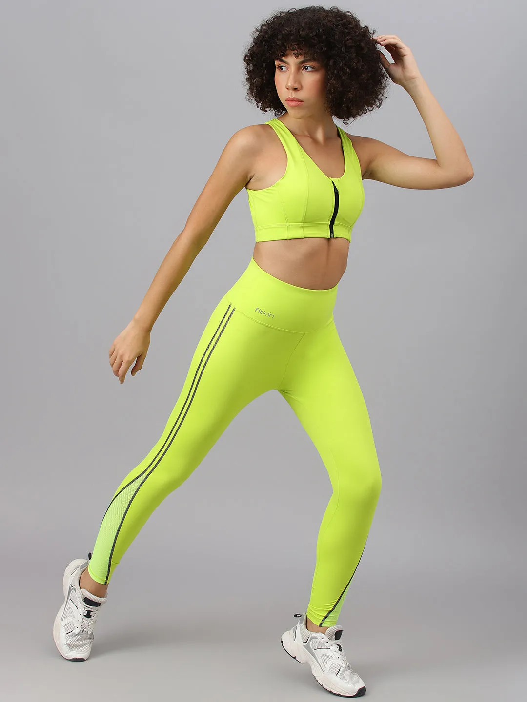 Fitkin Women's Neon Green  Front Zipper Sports Bra